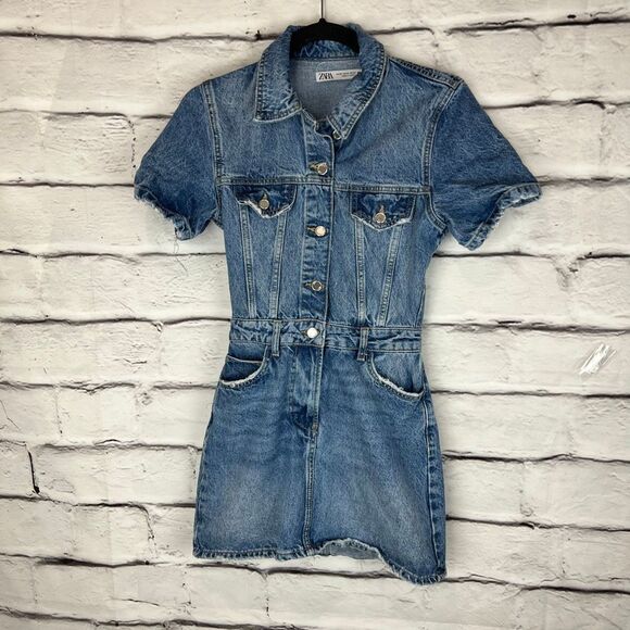 Zara Women's XS Blue Denim Mini Dress Short Sleeve - Picture 2 of 8